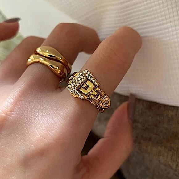 Gold Belt Buckle Bracelet Matching Ring Set, Zircon, Chain Link, Minimalist - Picture 12 of 13